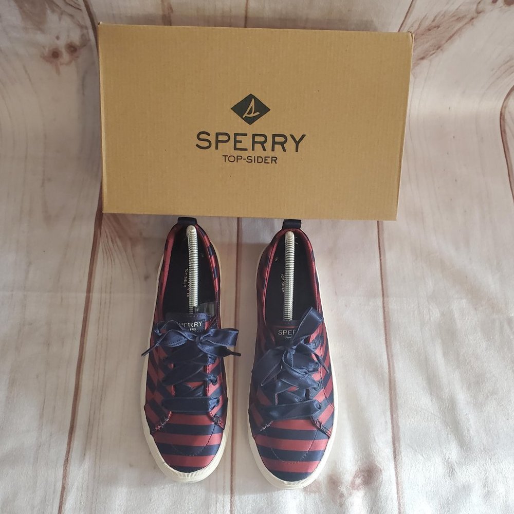 Sperry Crest Stripe Sneakers, 8.5 (39.5), Wine & Navy Stripe